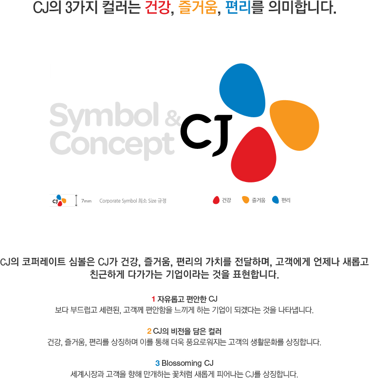 CJ의 3가지 컬러는 건강, 즐거움, 편리를 의미합니다.